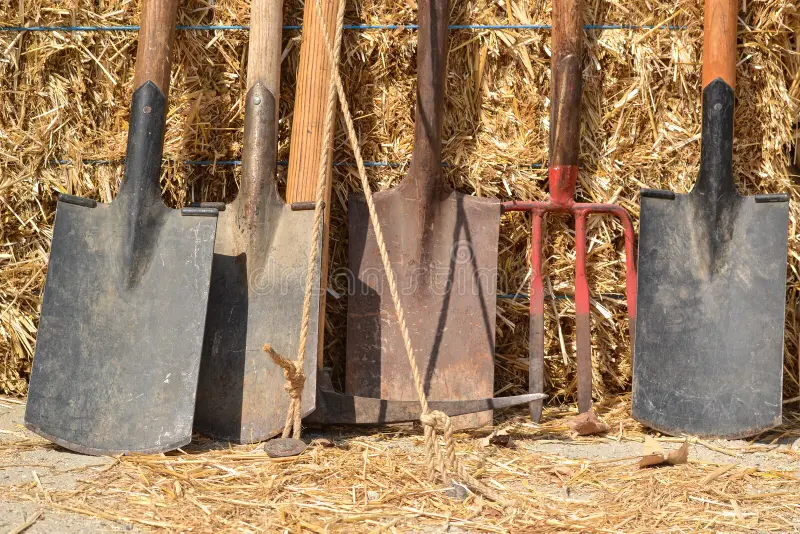 farming-tools-gardening-displayed-against-hay-bale-77744672